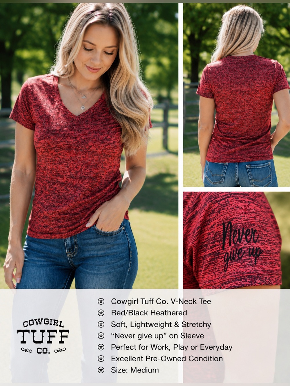 COWGIRL TUFF “Never Give Up” V-Neck Tee 🤠 - Sz Medium